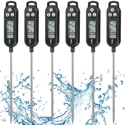 Copkim 6 Pcs Instant Read Meat Thermometer with Long Probe 9.65 Inch Kitchen Cooking Food Candy Waterproof Digital Thermometer for BBQ Water Milk Yogurt Liquid Cooking(Black)