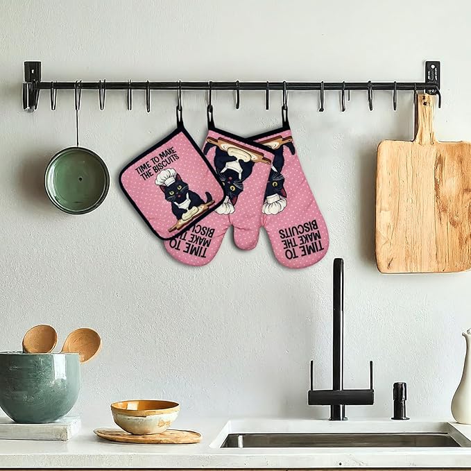 Funny Black Cat Oven Mitts and Pot Holders Set of 3, Time to Make The Biscuits, Heat Resistant Non-Slip Kitchen Mitts Hot Pads, Baking Gifts for Women, Kitchen Gifts for Hostess Bake Lovers