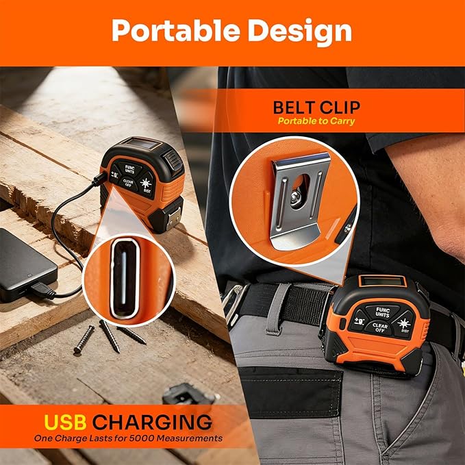 2-in-1 Laser Tape Measure, 197Ft Laser Measuring Tool & 16Ft Measuring Tape with M/in/Ft/Ft+in Units, Magnetic Hook - Pythagorean, Area, Volume, Digital Tape Measure for Woodworking and DIY