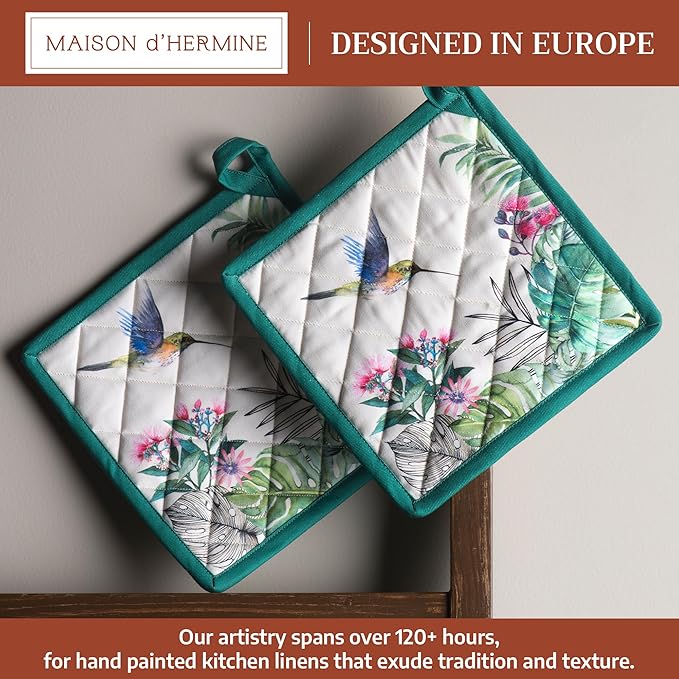 Maison d' Hermine Pot Holders 100% Cotton Heat Resistant Potholders 8" x 8" Hot Pads with Loop BBQ Cooking Baking Gifts for Mothers Day Handling Hot Pans Spring/Summer (Pack of 2, Tropiques)