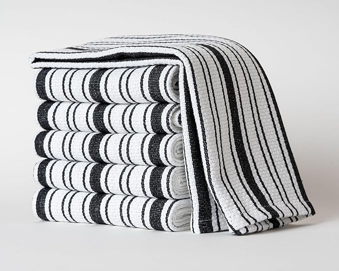 Kitchen Towels Set – Pack of 6 (20’’ x 30’’) Extra Large Premium Cotton Dish Towels for Kitchen – Basket Weave Towels – Absorbent – 100% Cotton – with Hanging Loop – Black