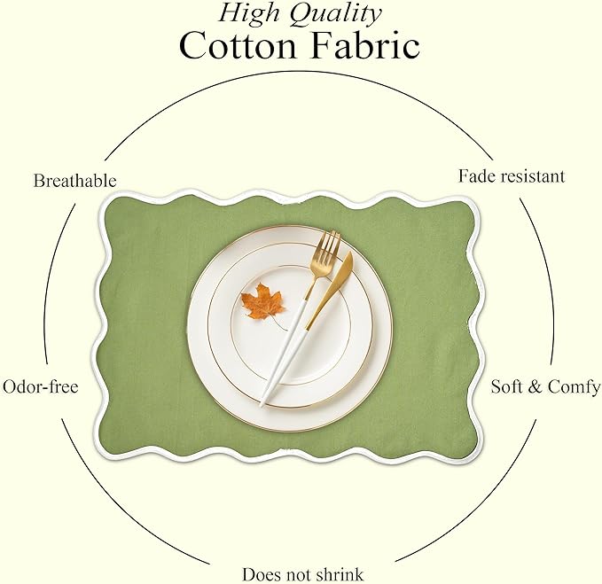CPC Cotton Placemats Jade Green Set of 4-Hand Block Printed Reversible Placemats, Machine Washable, Flower Scalloped & Embroidered Cloth Table Mats - 14 x 20 inch