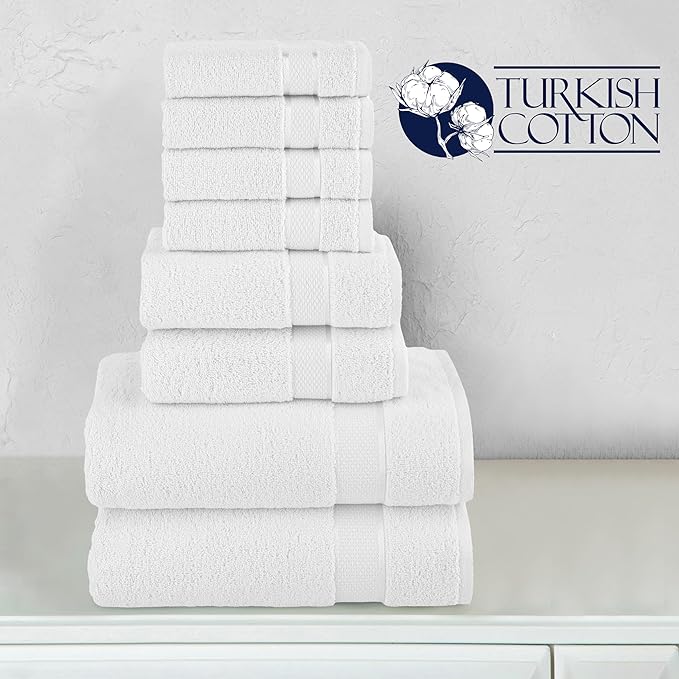 Elegant Comfort Premium Cotton 8-Piece Towel Set, Includes 4 Washcloths, 2 Hand Towels and 2 Bath Towels, 100% Turkish Cotton - Highly Absorbent and Super Soft Towels for Bathroom, White