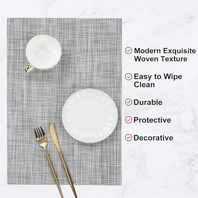 SHACOS Woven Vinyl Placemats Set of 4 Wipe Clean Reversible Table Mats Heat Resistant Wipeable Non Slip Place Mats Indoor Outdoor, Gray White