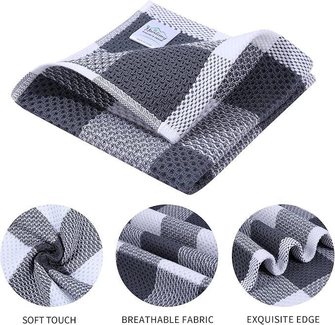 Mordimy 100% Cotton Waffle Weave Plaid Dish Cloths, 12 x 12 Inches, Super Soft and Absorbent Quick Drying Buffalo Check Dish Rags for Kitchen, 6-Pack, White & Dark Grey