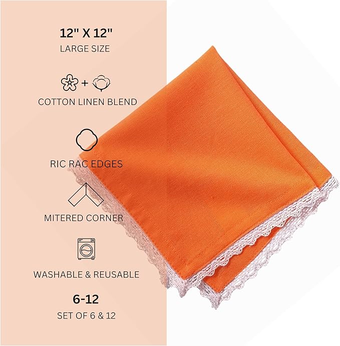 Fingercraft Dinner Cloth Napkin Cotton Linen Blend 12 Pack 12In Mitered Corners with Elegant Lace for Everyday Use Napkins Cloth are Pre Shrunk and Good Absorbency Rust Easter Color