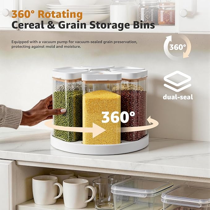 Rotating Grain Dispenser with Manual Vacuum Pump - 6-Grid Vacuum-Storage Canister Set, Food Storage Bins for Cereal, Rice, Beans & Bulk Dry Food Pantry Organization