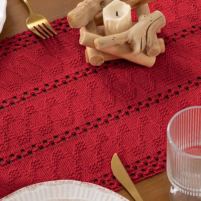 DeZerlor Boho Macrame Table Runner Spring Easter Farmhouse Woven Table Runner with Tassels 90 Inches Red Cotton Linen Kitchen Table Decor for Dining Dresser Home Tea Table Decor