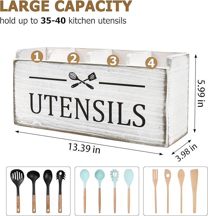RedCall Extra Large Utensil Holder Organizer,4 Compartments Wooden Kitchen Tool Holder for Countertop,Rustic Farmhouse Utensil Organizer for Spatula Spoon Storage (Antique-4)