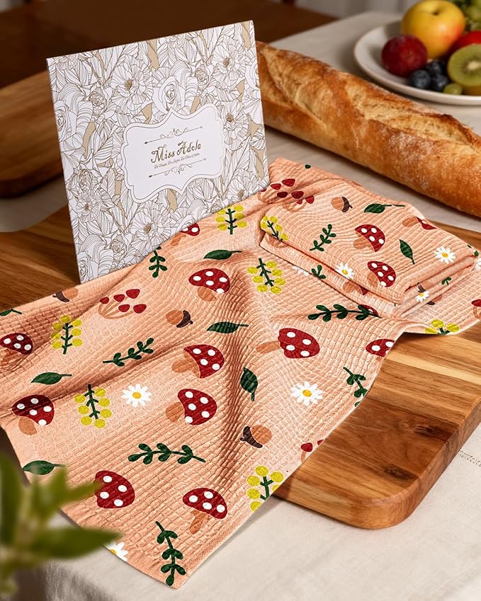 Miss Adola Cotton Waffle Kitchen Towels – Cute 370 GSM 16x25 Inch Terry Cloth Waffle Decorative Dishcloth for Kitchen Set of 2 with Hanging Loop Absorbent Hand Tea Towel for Home Design, Mushroom