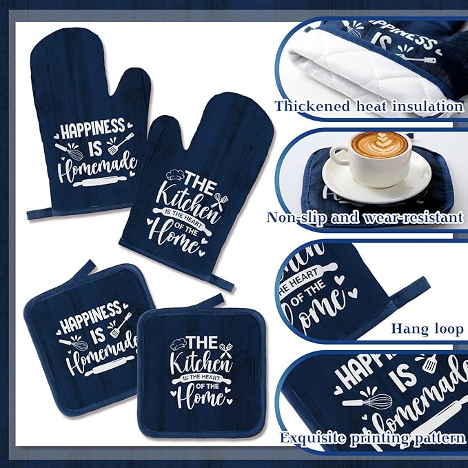 12 Pcs Farmhouse Kitchen Decor Sets 4 Blue Kitchen Hand Towels 4 Dish Clothes 2 Navy Blue Pot Holders 2 Rustic Oven Mitts Glove Hand Towels and Dishcloths Sets for Home Decor Accessories Mom Gift