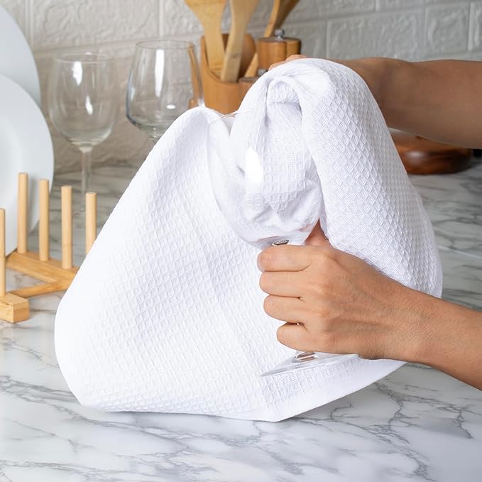Blue Needles Waffle Weave Kitchen Towels, 15x25 Inches 100% Cotton Set of 6 Dish Towels for Kitchen, Ultra Soft & Absorbent with Hanging Loop, Spring Summer Dish Rags for Quick Drying - White