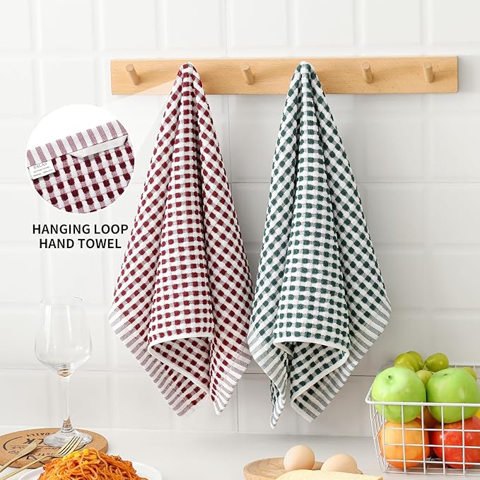 SALAS Cotton Dish Towels Cloths for Kitchen Drying Dishes, Lattice Terry Kitchen Towels, Absorbent Cloths with Hanging Loop, 16‘’ x 26‘’, 4 Packs, Wine Red and Green