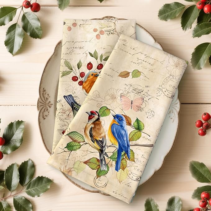 Retro Birds Tea Towels, Cotton Kitchen Towel 18.9 × 27.5 inch, Gifts for Bird Lovers, Quick Drying Dish Cloth for Party Anniversary Holiday Decoration, Housewarming Gifts for Mom