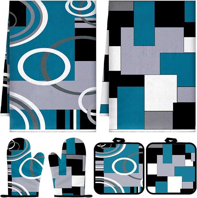 Jingmore 6 Pcs Kitchen Decor Set Accessory Farmhouse Kitchen Towels Pot Holders Oven Mitts Set 2 Dish Towels 2 Pot Holders 2 Cooking Mittens Oven Glove for Cooking(Teal,White, Gray,Geometric)