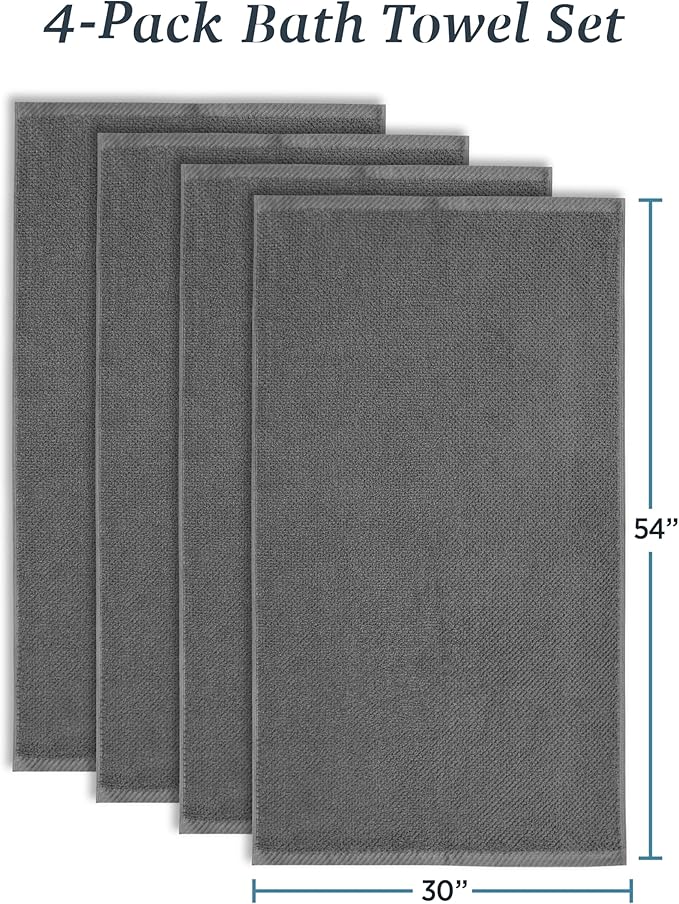 Welhome Franklin 100% Cotton Popcorn Textured Towel Set - 4 Pack Bath Towels, 600 GSM, Soft & Plush, Dark Gray