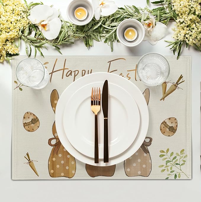 Happy Easter Bunny Placemats Set of 4 Easter Rabbit Egg Carrots Linen Fabric Table Mats Spring Seasonal Rustic Holiday Washable Place Mats for Party Kitchen Dining Indoor Decor 12x18 Inch