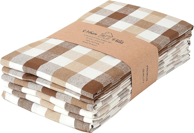 Urban Villa Kitchen Towels Set of 6 Buffalo Checks Taupe/Chocolate/Ivory 20X30 Inches Kitchen Towels 100% Cotton Highly Absorbent Premium Quality Ultra Soft Bar Tea Towels with Mitered Corners