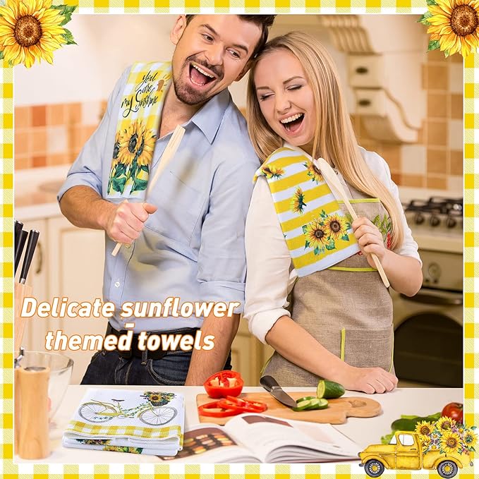Oudain 6 Pcs Sunflower Kitchen Dish Towels Sunflower Absorbent Tea Towels Reusable Fast Drying Cleaning Dishcloths for Summer Housewarming Gift