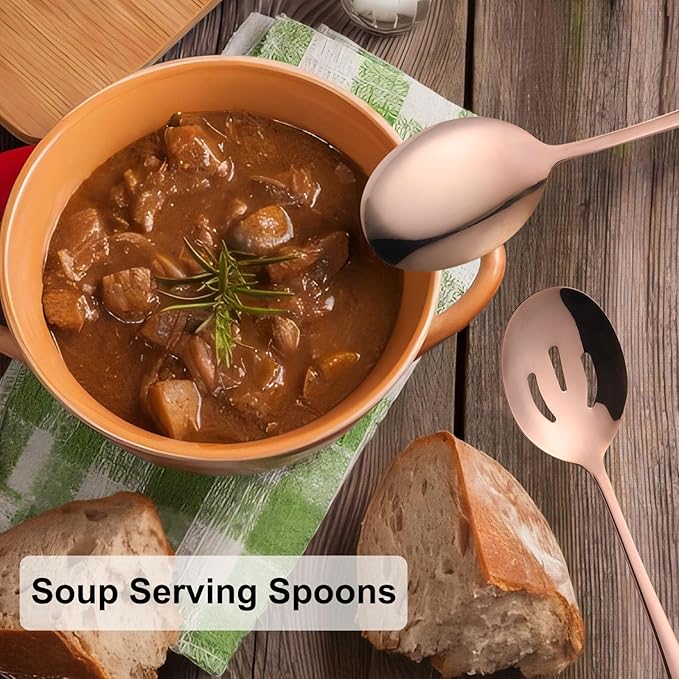 6 Pieces Serving Spoons Set, 8.7 Inch Serving Spoon, Includes 3 Serving Spoons and 3 Slotted Spoons, Stainless Steel Buffet Banquet Spoons, Large Spoons Utensils Cutlery Set for Kitchen, Rose Gold