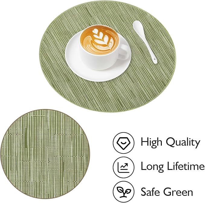 Niviy Green Round Placemats Set of 4, 15 Inch Washable Easy to Clean Heat-Resistant Anti-Skid Sage Green Placemats for Holiday Party Kitchen Dining Room Decoration