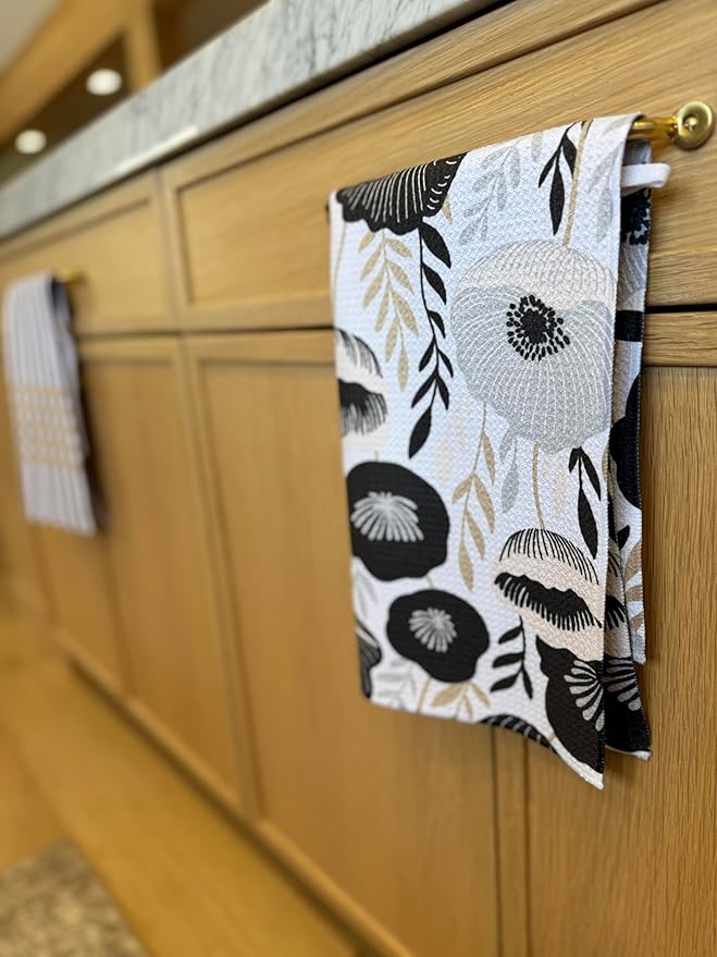 || 3 Pack Double Sided || Kitchen Towels || Dish Towels || Highly Absorbent || Hanging Loop || Dish Cloths || Modern || Designer Prints (Tan/Gray)