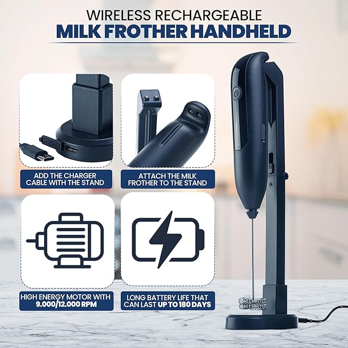 Wireless Rechargeable Milk Frother Handheld with Stand for Latte Art/Double Small Whisk Milk Frother Wand Coffee Frother Handheld/Electric Whisk Frother for Coffee/Batidora Para Cafe
