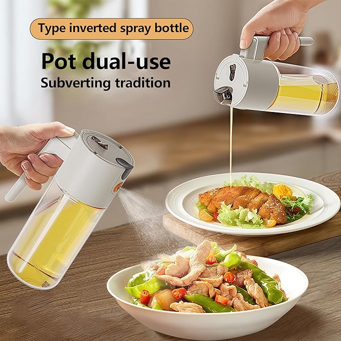 Olive Oil Spray Bottle Dispenser, 2-in-1 Glass Material Kitchen Cooking Oil Sprayer, 20.3 oz/600 ml Cooking Spray, Glass Spray Bottle with Tipper, Food Grade Spray for Kitchen, Salad, Frying, Barbecue