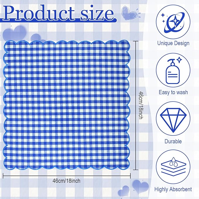 SmoothNovelty 12 Pack Buffalo Plaid Cloth Napkins 18x18 Inch Spring Checkered Cloth Napkins Scalloped Soft Cotton Table Mat Washable Reusable for Dinner Wedding Birthday Parties (Classic,Navy Blue)