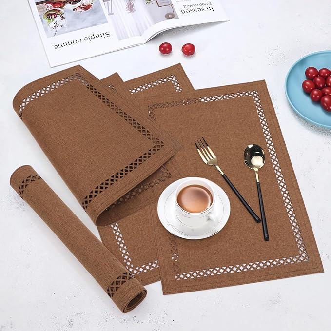 Linen Cloth Placemats Set of 4, HADEEONG 12 x 18 Inch Hollow Edge Place Mats Washable Heat Resistant Placemats Cloth Table Mats for Dining Table Home Decor (Brown, 4)