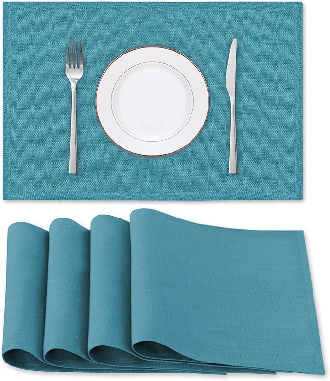 H.VERSAILTEX Linen Placemats Set of 4 Premium Solid Table Placemats for Dining Table Spill-Proof Waterproof Table Mats Heat-Resistant Kitchen Table Mats Washable, 12x18 inches, Teal