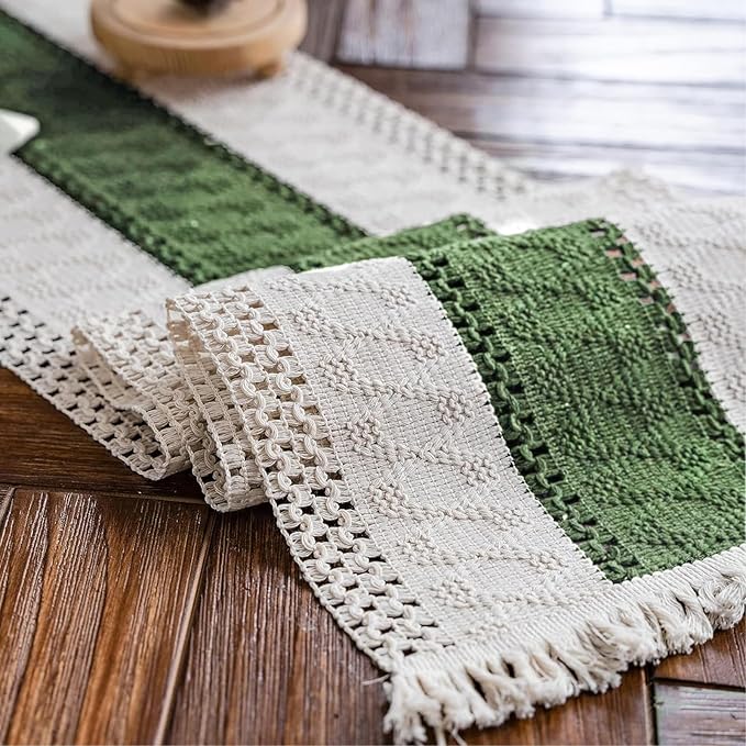 Alynsehom Macrame Table Runner Cream Beige and Green Boho Table Runners with Tassels Hand Woven Cotton Table Runner Rustic Farmhouse Table Runners for Bohemian Kitchen Dining Table(12x71in)