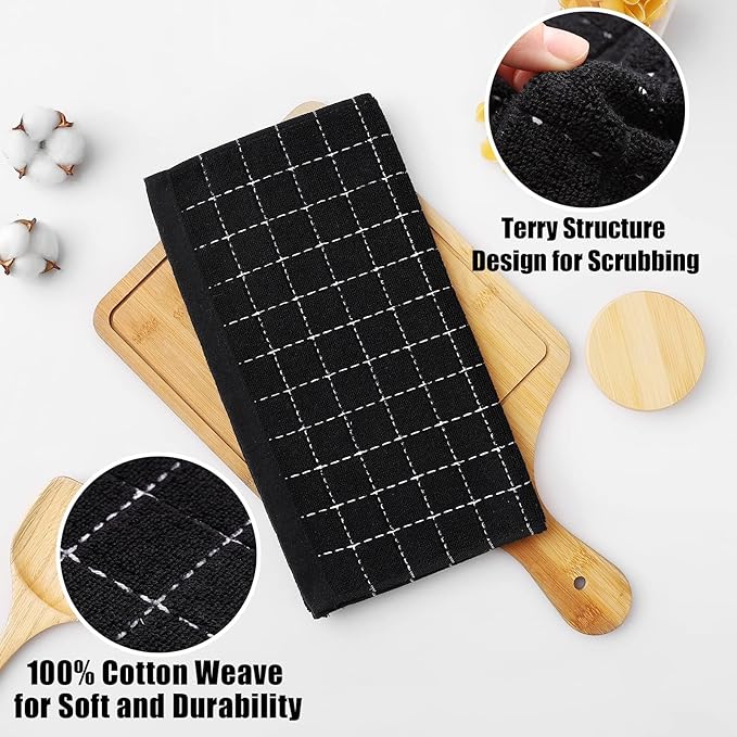 Homaxy 100% Cotton Terry Kitchen Dish Cloths, Ultra Soft and Absorbent Dish Towels for Kitchen, Suitable for Drying and Washing Dishes, 8 Pack, 12 x 12 Inches, Black