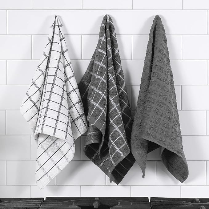 Ritz Premium 100% Cotton Terry Check Kitchen Dish Towels - Highly Absorbent, Super Soft, Long-Lasting, 25"x15", 3-Pack, Gray