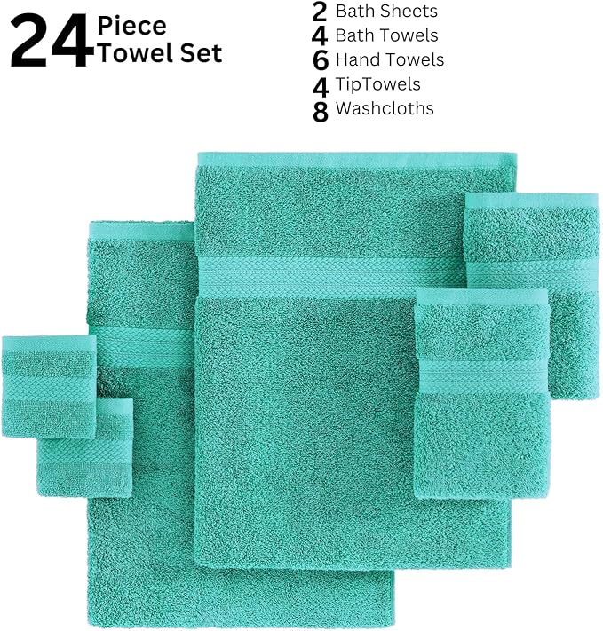 LANE LINEN 24 PCs 100% Cotton Bath Towels Set - Quick Dry, Ultra Soft & Ultra Absorbent - 4 Bath, 4 Fingertip, 6 Hand Towels, 8 Washcloths, 2 Bath Sheets - Home & Guest Bathroom Towels - Teal
