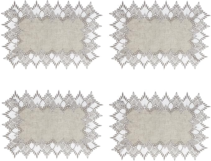 Natural Linen Placemats 14”x20” Set of 4, Neutral Earth Tones Beige Lace Coffee Doily Table Topper Dresser Scarf Place Mats (Set of 4, Natural)