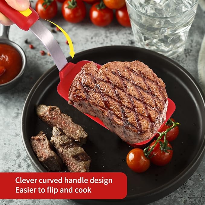 Silicone Spatula Turner Heat Resistant 600°F 3 Piece Set Non Scratch Flexible Slotted and Solid Thin Rubber Spatula Flipper for Cooking Pancake,Egg,Fish,Burger,Steak for Nonstick Cookware,Red