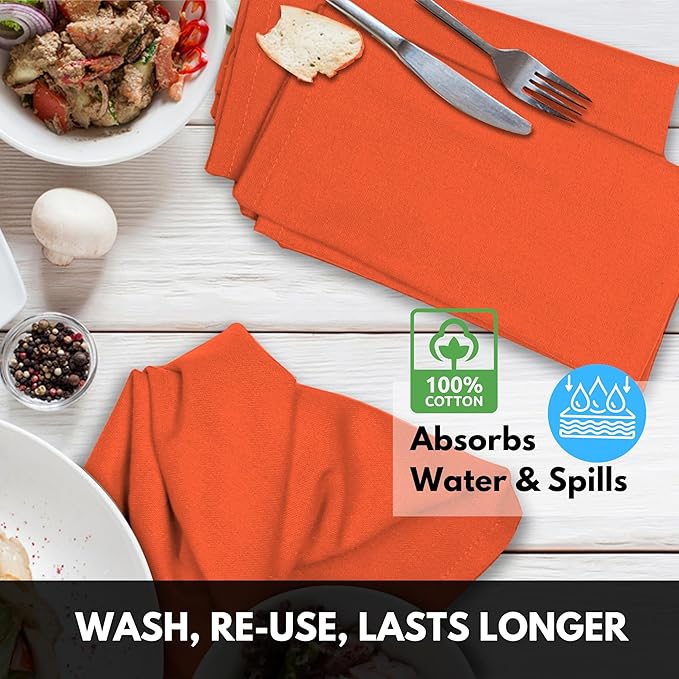 Napkin 100% Cotton Cloth Napkin Decorative Washable Napkins Set of 4 for Home, Kitchen, Dining, Cocktail Parties & Camping - Orange (17"x17")