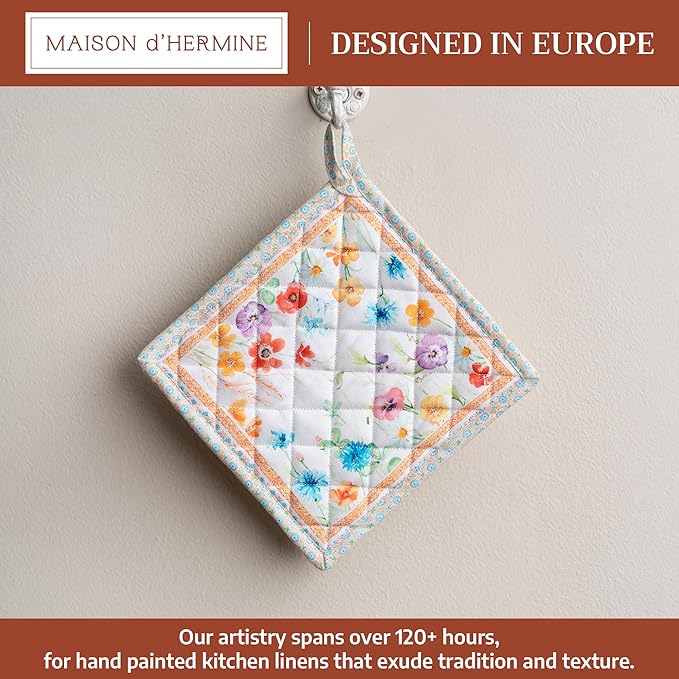 Maison d' Hermine Pot Holders 100% Cotton Heat Resistant Potholders 8" x 8" Hot Pads with Loop BBQ Cooking Baking Gifts for Mothers Day Handling Hot Pans Spring/Summer (Pack of 1, Summer Whisper)