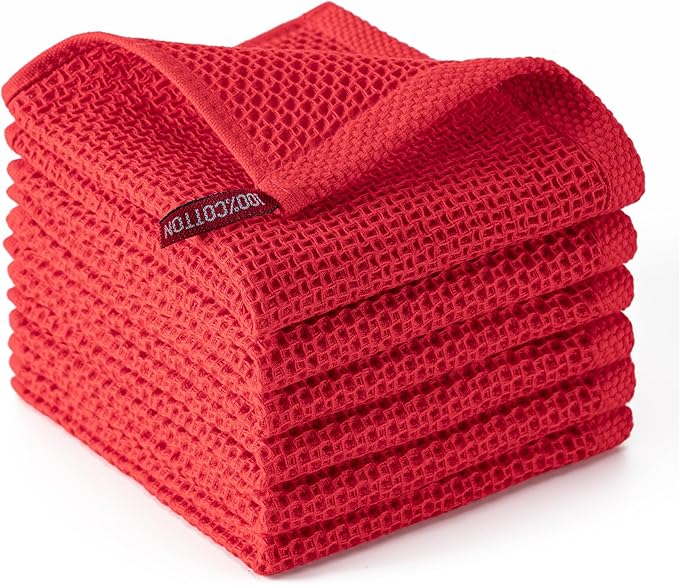 BOOMIBOO 6-Pack Kitchen Dish Cloths, 100% Cotton Waffle Weave, Ultra Soft Absorbent, Quick Drying Dish Towels, 12x12 Inches,Red