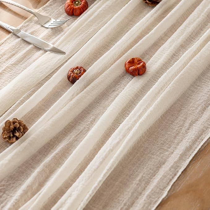 Keketoarrange White Spring Easter Cheesecloth Table Runner Ivory Cream Gauze Rustic Cheese Cloth Table Runner 120 Inch 10 FT for Wedding Baby Bridal Shower Party Sheer Boho Spring Home Decorations