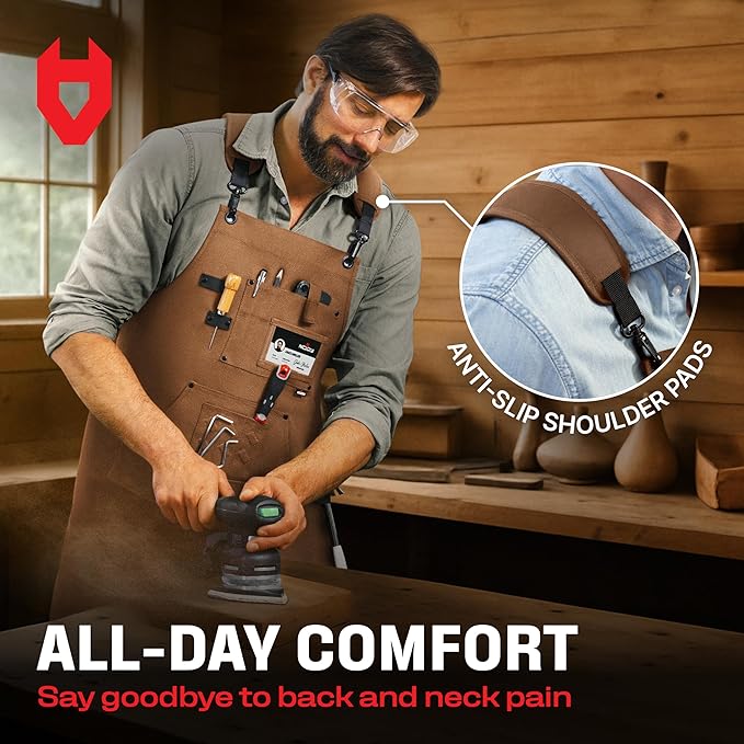 NoCry Woodworking Apron for Men — Reinforced Pockets with Metal Rivets, Magnetic Holder & Leather Tool Loops — Shop Aprons for Men with Cross-Back Straps, Non-Slip Shoulder Pads & Quick-Release Buckle
