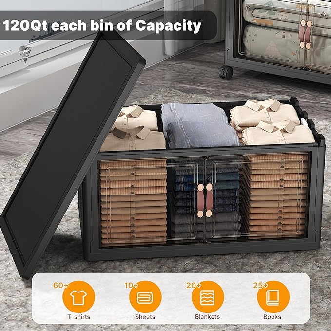 UAMFURI Stackable Storage Bins with Lids & Wheels & Door, Foldable Collapsible Closet Organizers, Extra Large Plastic Storage Drawers for Bedroom Dorm Office Garage (Dark-112QT, 5Pack with 1 top lid)