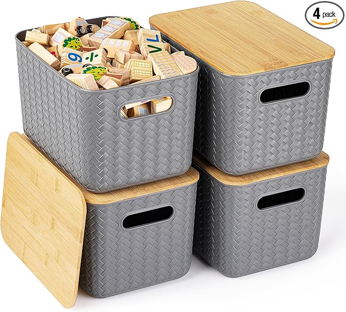 Ohmlove 4 Packs Storage Bins with Bamboo Lids - Plastic Storage Containers with Lids Stackable Storage Box：Storage Baskets for Organizing Desktop Closet Playroom Classroom Office,Gray