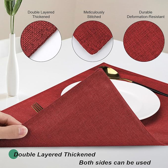 Red Cloth Placemats Set of 6, Cotton Linen Blend Machine Washable Double Layered Durable Place Mats Heat Resistant Placemats Wrinkle Free Thick Fabric Dining Table Mats (Red, 6)