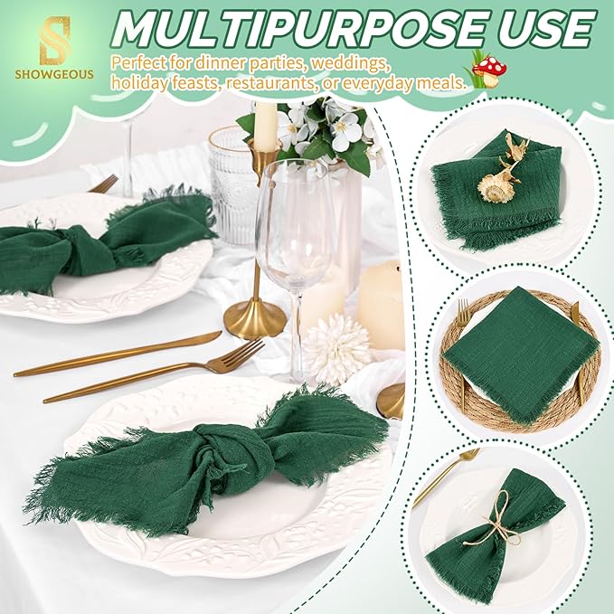 Showgeous 10 Pack Emerald Green Cloth Napkins with Fringe 16x16 inch 100% Cotton Green Napkins Handmade Dinner Napkins Bulk Washable Soft Rustic Table Napkins for Wedding Parties Bridal Baby Shower