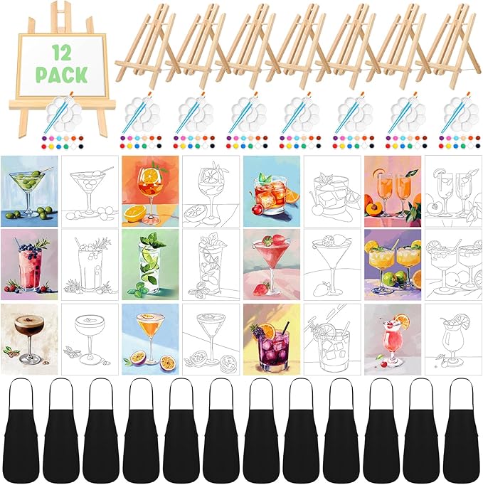 Motipuns 12 Set Pre Drawn Canvas for Painting for Adults Sip and Paint Kit with Easels 8 x 10 Inches Paint Party Kit with Printed Canvas Paints Brushes Palette Bag Apron(Cocktails)