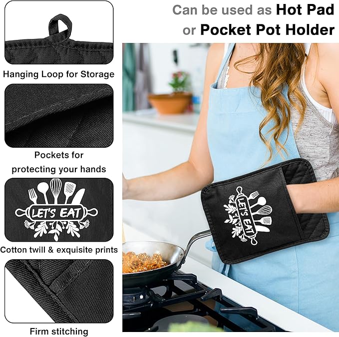 GROBRO7 6Pcs Cotton Oven Mitts Pot Holders Set Let's Eat Heat Resistant Hot Pads Machine Washable Microwave Gloves with Hanging Loop Pocket Potholder for Daily Kitchen Baking Cooking Grilling Black