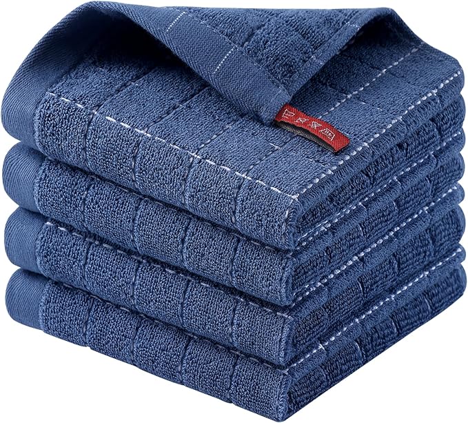 Homaxy 100% Cotton Terry Kitchen Dish Cloths, Ultra Soft and Absorbent Dish Towels for Kitchen, Suitable for Drying and Washing Dishes, 4 Pack, 12 x 12 Inches, Navy Blue