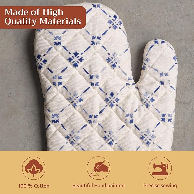 Maison d'Hermine Oven Gloves 100% Cotton Oven Mitt 7" x 13" with Loop Heat Resistant BBQ Cooking Gloves Baking Grilling Gifts for Mothers Day Spring/Summer (Pack of 1, Faience)